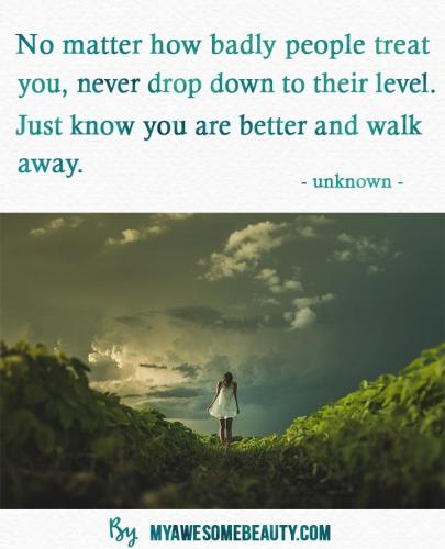 No matter how badly people treat you, never drop down to their level. Just know you are better and walk away.
